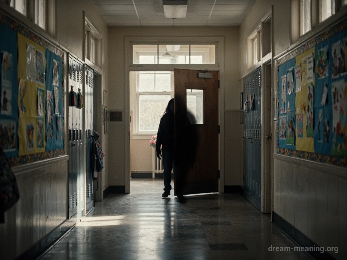 A shadowy silhouette stands in a school hallway near an open door.