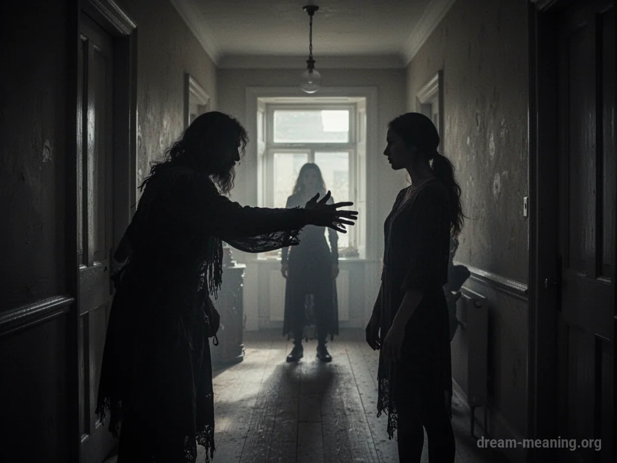 A silhouette of a person being approached by a darker silhouette in a hallway.