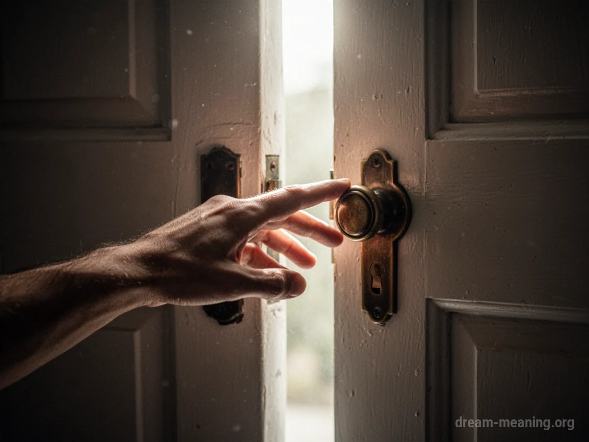 A hand is about to open a door, with light visible through the crack.