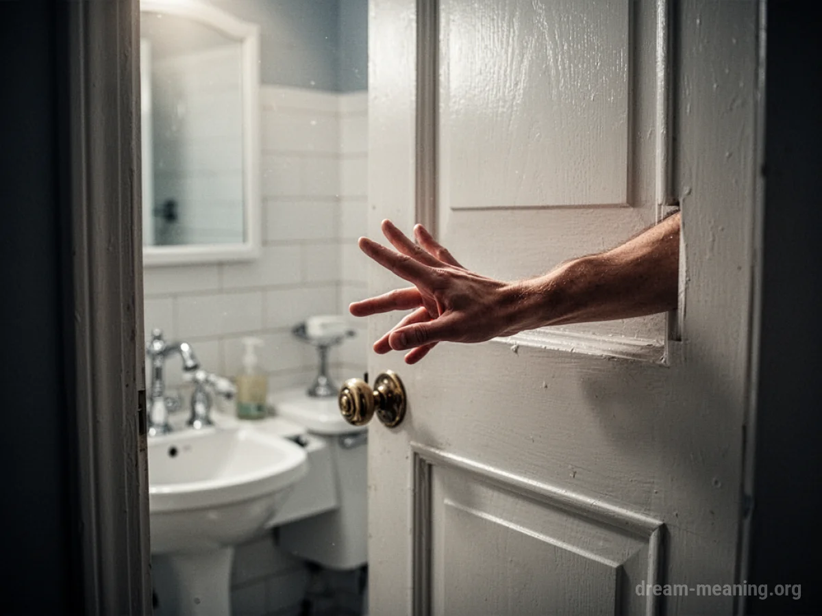 A hand reaching to knock on the edge of a slightly open bathroom door.