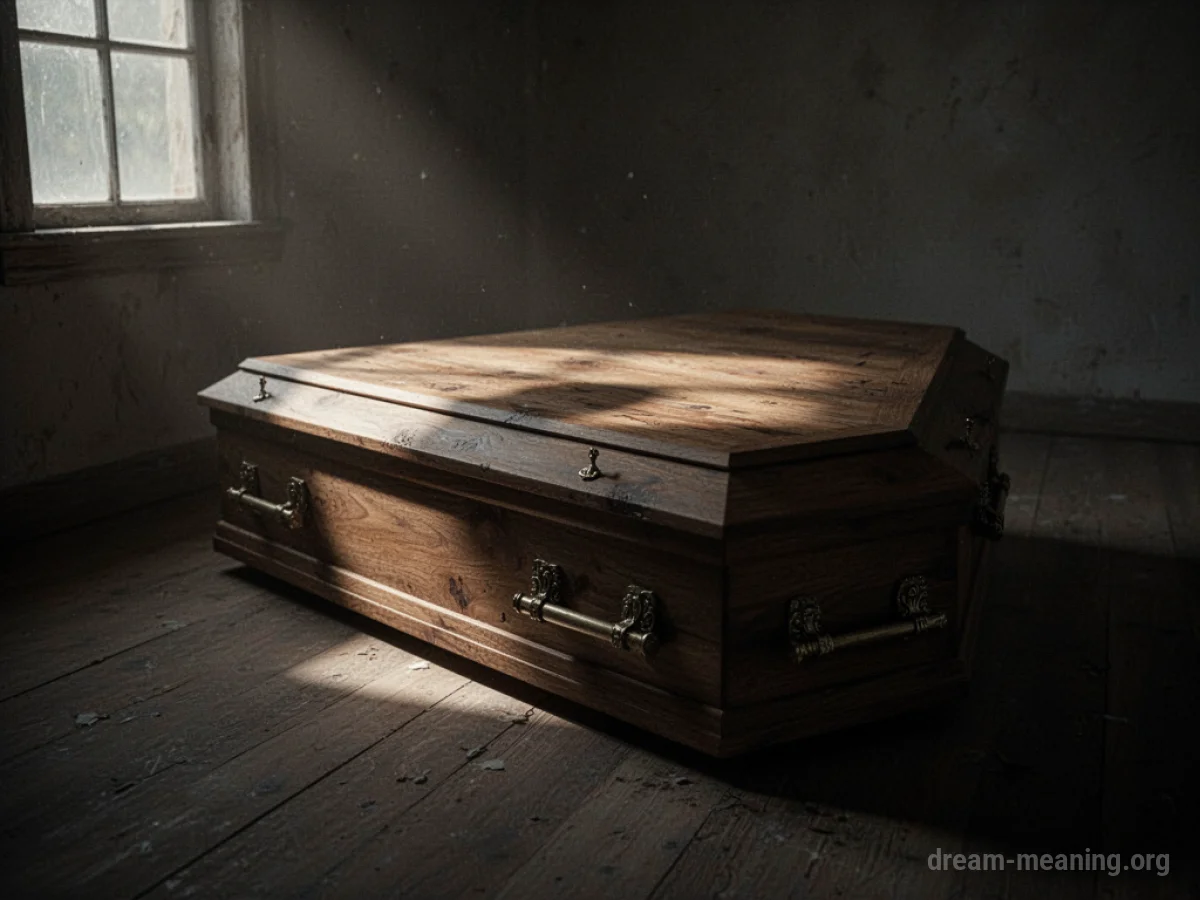 A closed wooden coffin in a dark, still room.