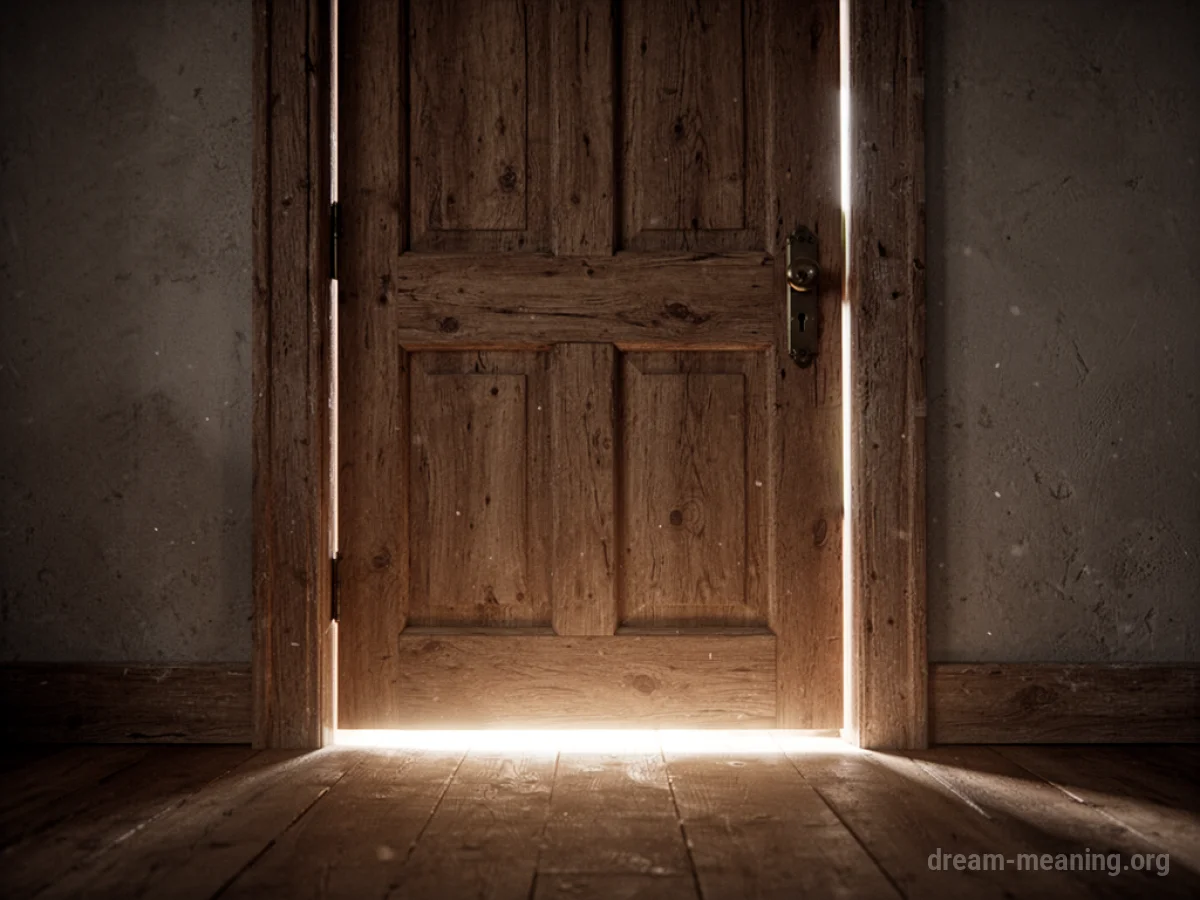 A closed wooden door with light visible under the frame.