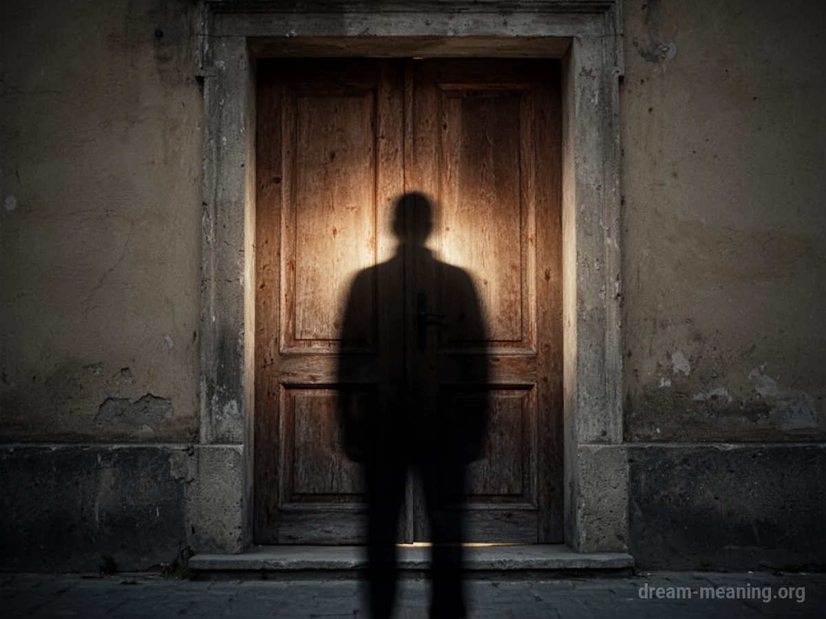 A silhouette of a figure outside a closed door.