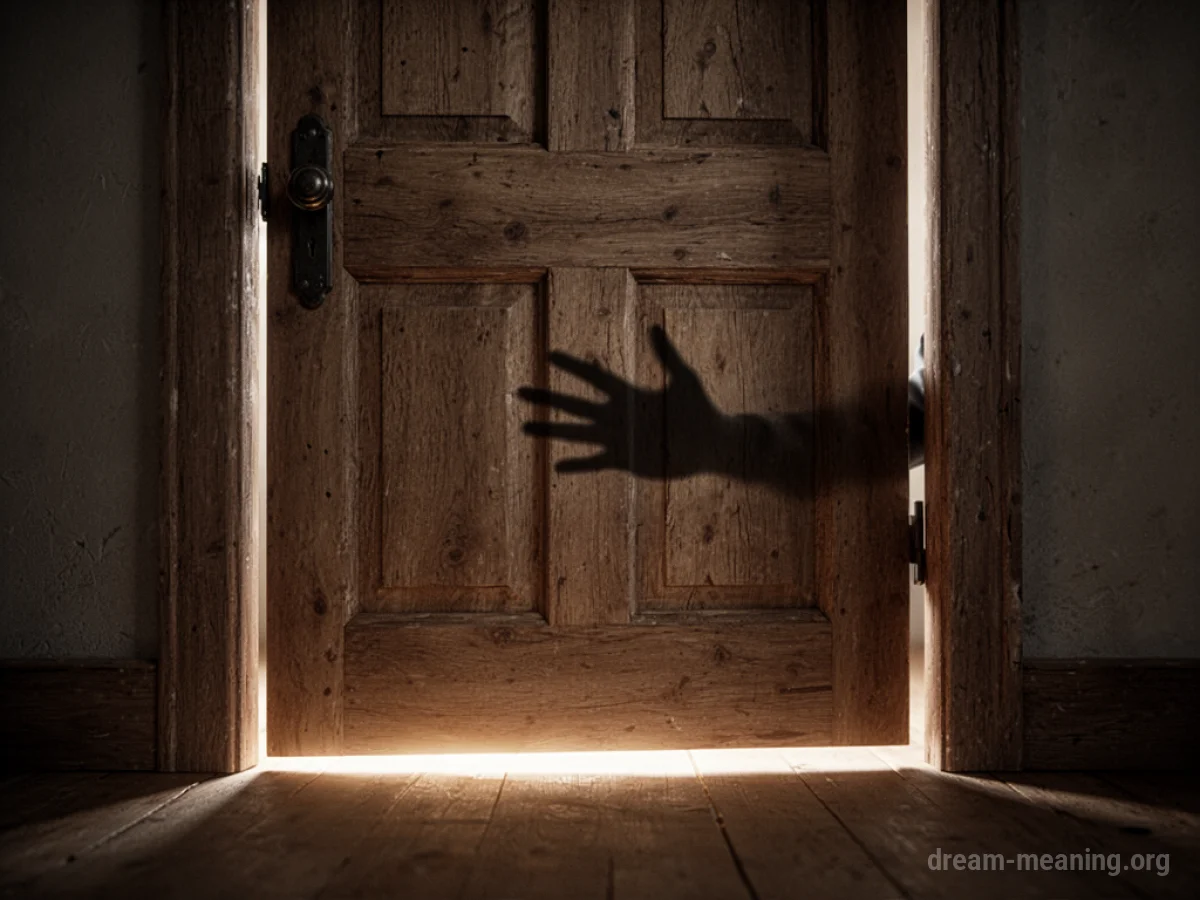 A silhouette of a hand pressing against a door from the inside.
