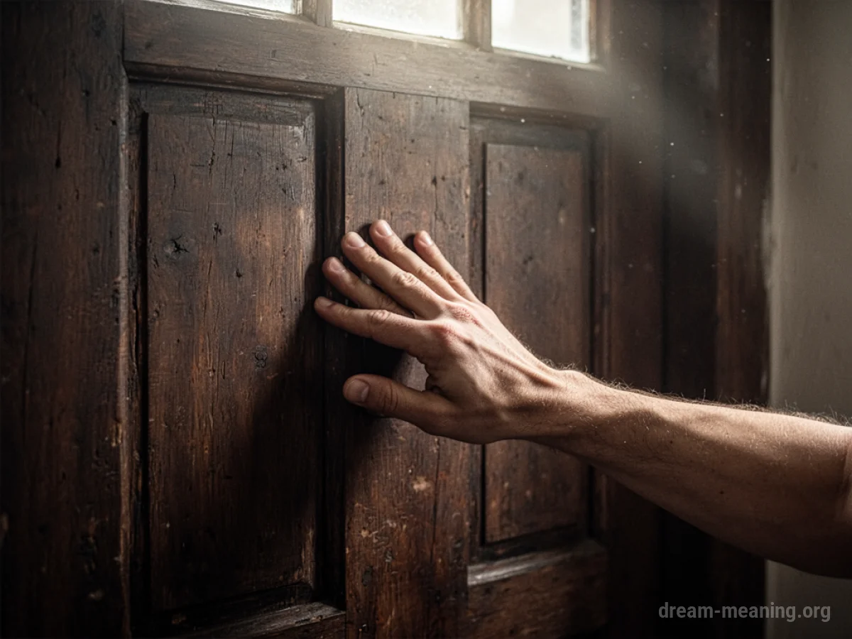 A hand knocking on a closed, dark wooden door.