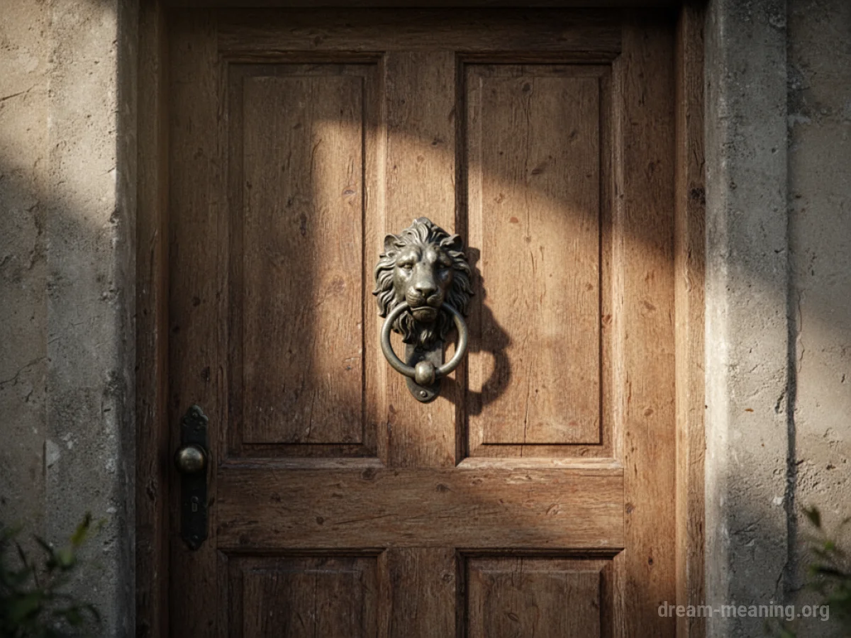 A closed wooden door with a knocker.
