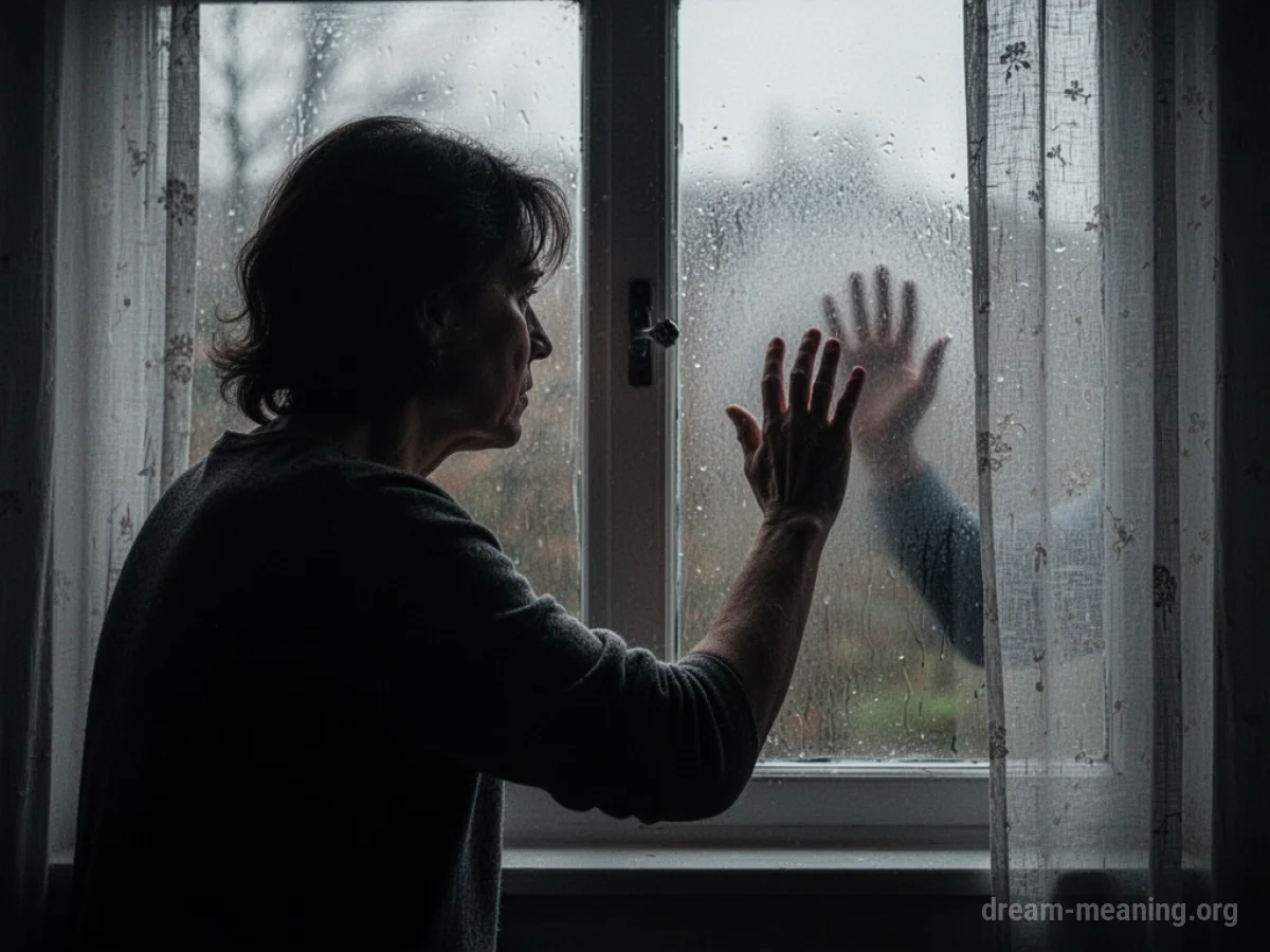 A person's silhouette viewed from inside a room, looking out at a window where a hand is visible tapping the glass.