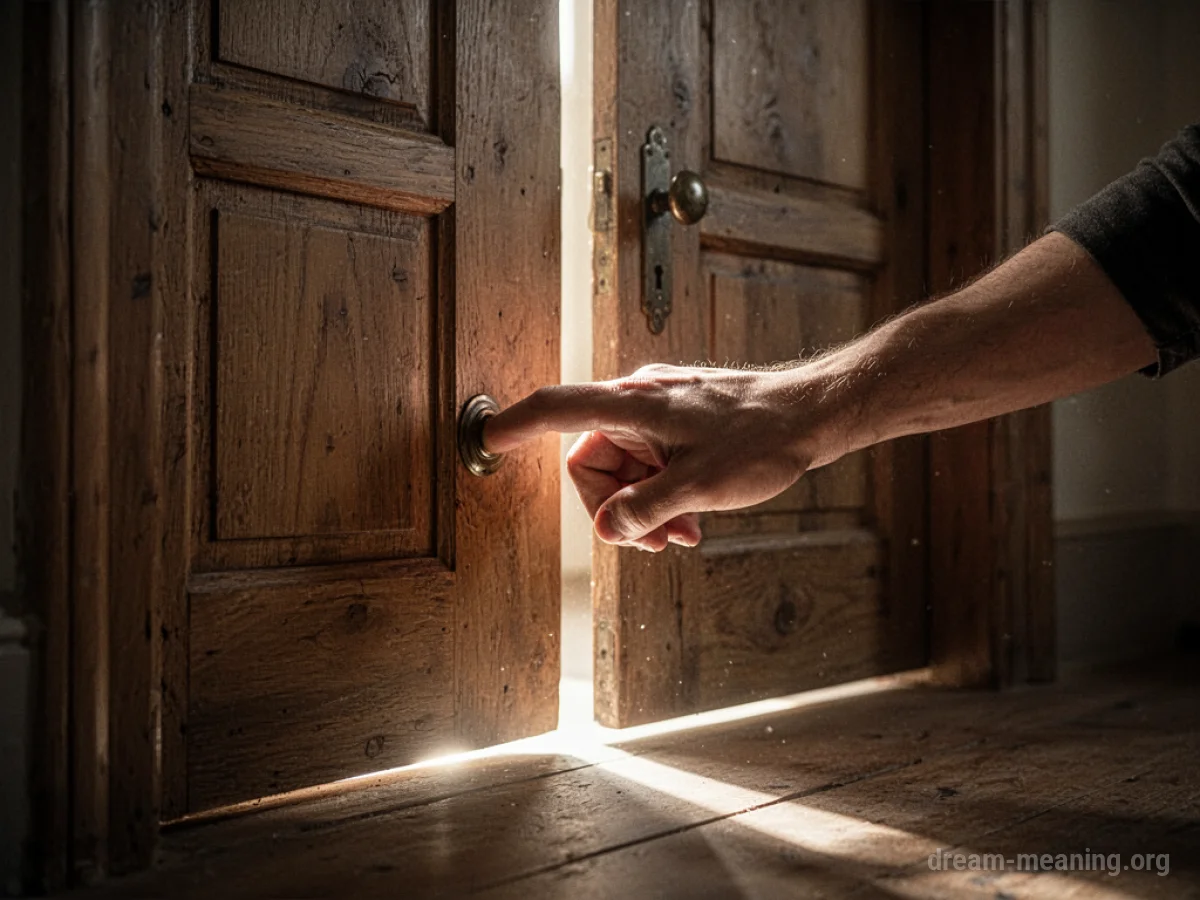 A hand poised to knock on a closed door with light showing underneath.