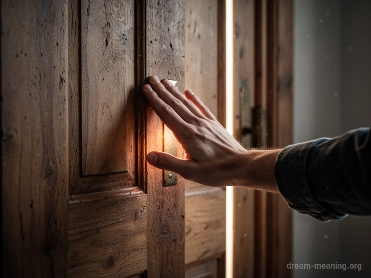 A hand poised to knock on a closed wooden door with light underneath.