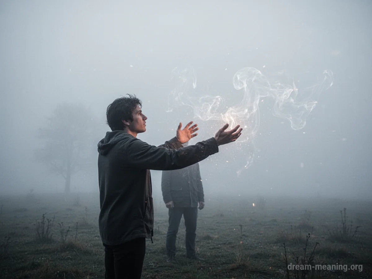 A silhouette of a person in a foggy void with faint, dissolving shapes.