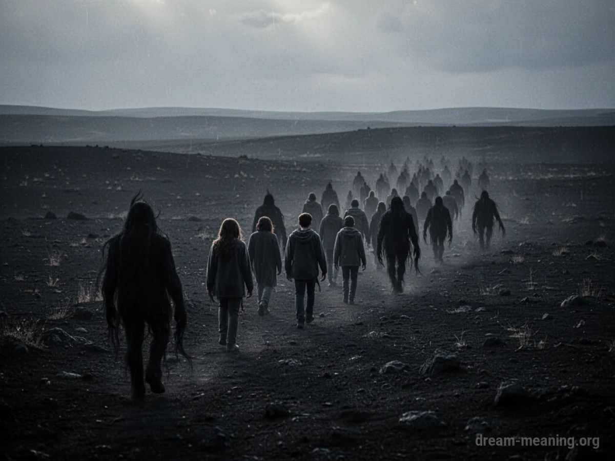 Silhouettes of people being led away by shadowy figures.