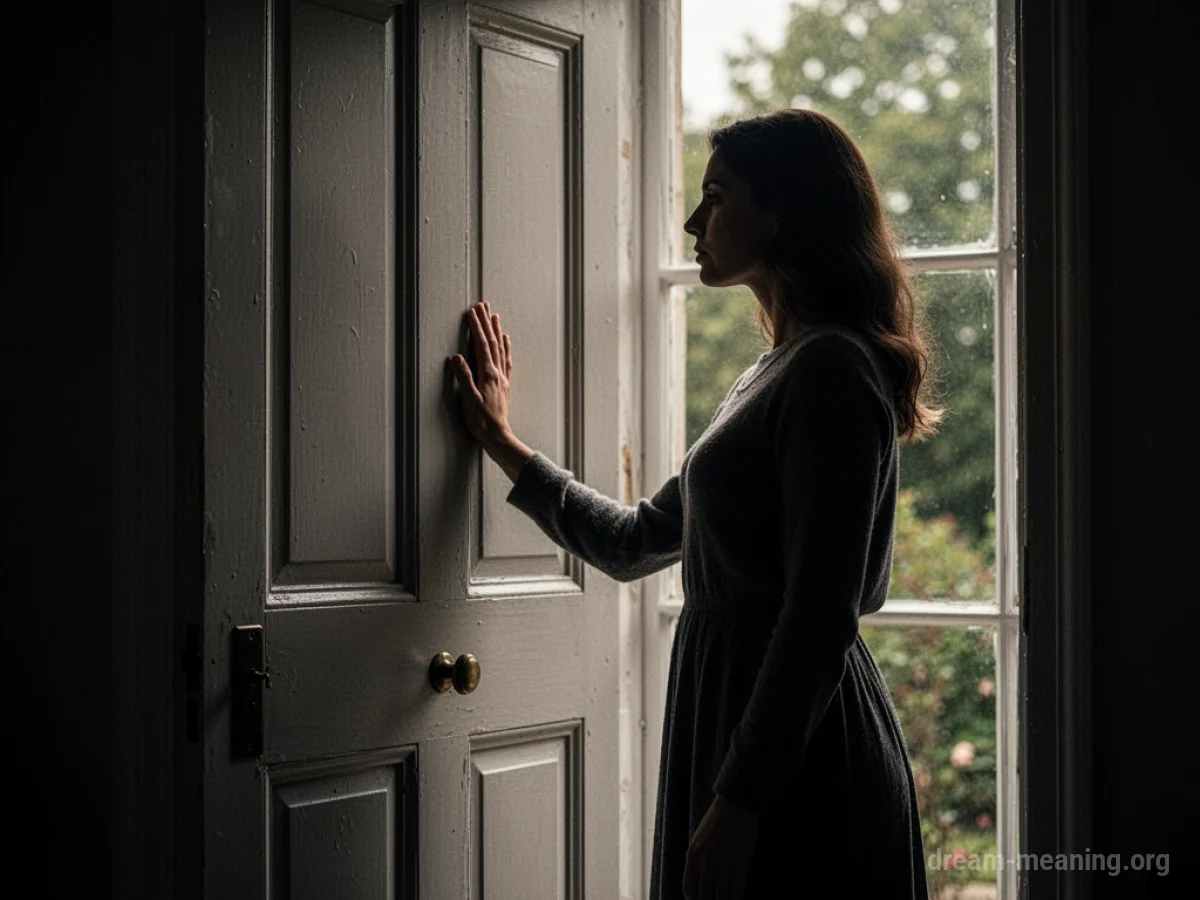 Silhouette of a person standing outside a closed door.