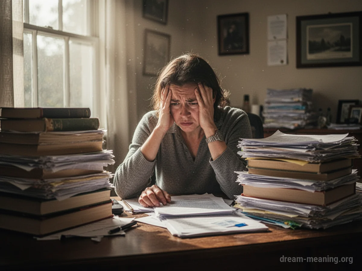 A person seated at a desk buried under stacks of books and papers.