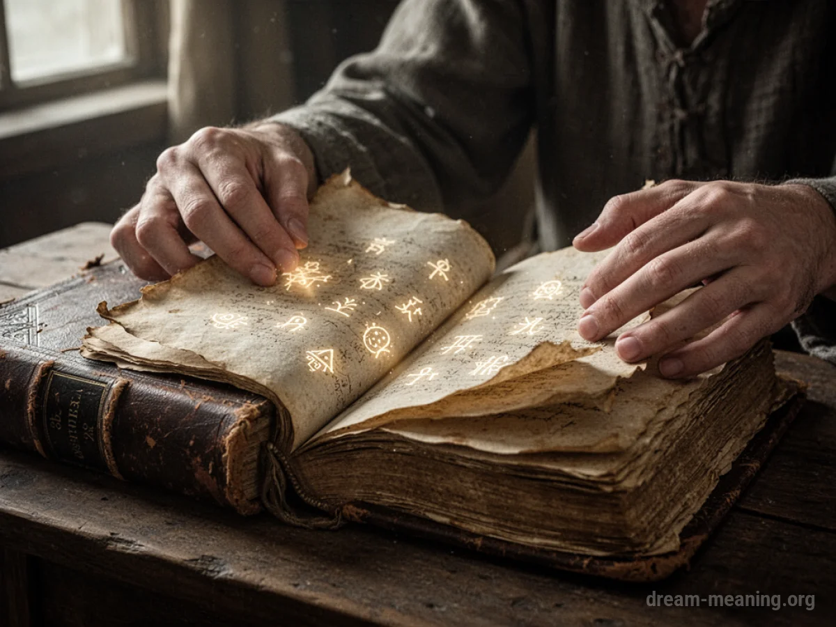 Hands turning pages of an old book with glowing symbols.