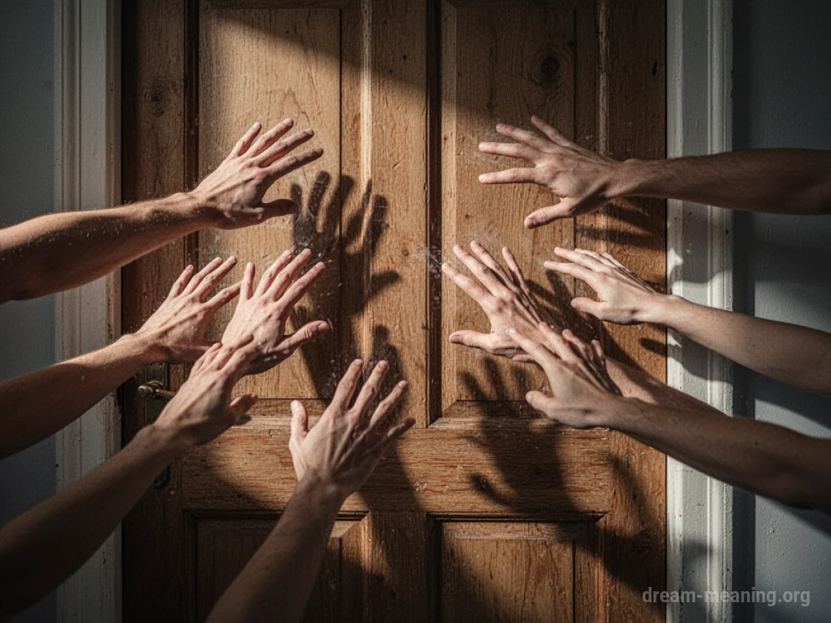 Multiple shadows of hands knocking on a closed wooden door.