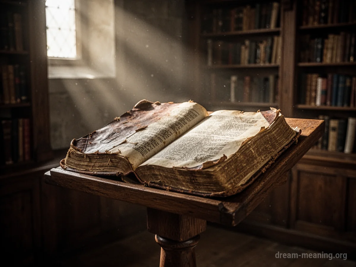 An open ancient book on a lectern with light shining on it.