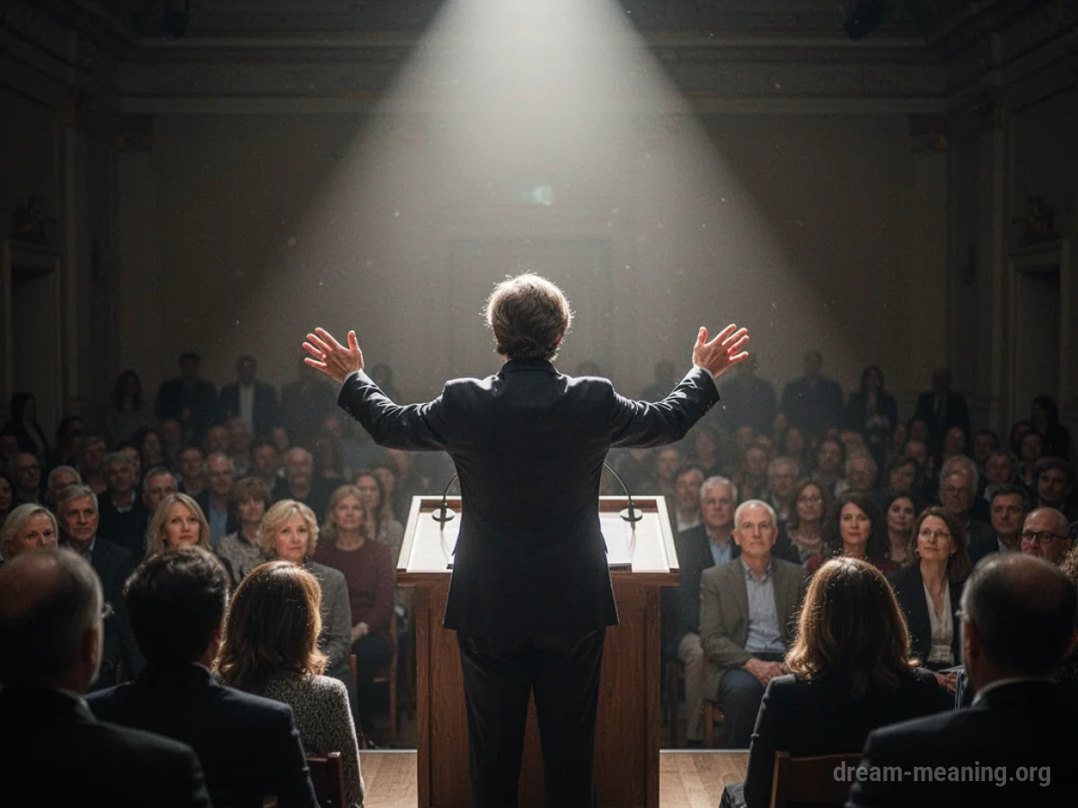 A figure speaking to a group of attentive listeners.