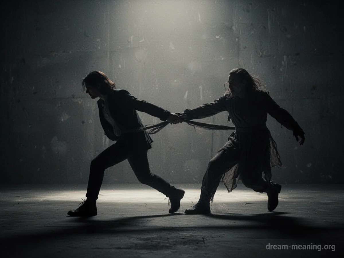 Silhouette of one person pulling another figure away in a dark, abstract environment.
