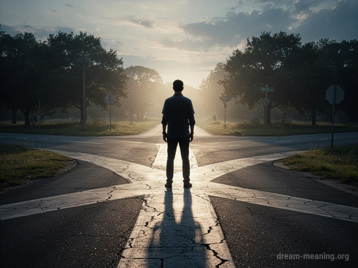Silhouette of a person at a crossroads with a bright light ahead.