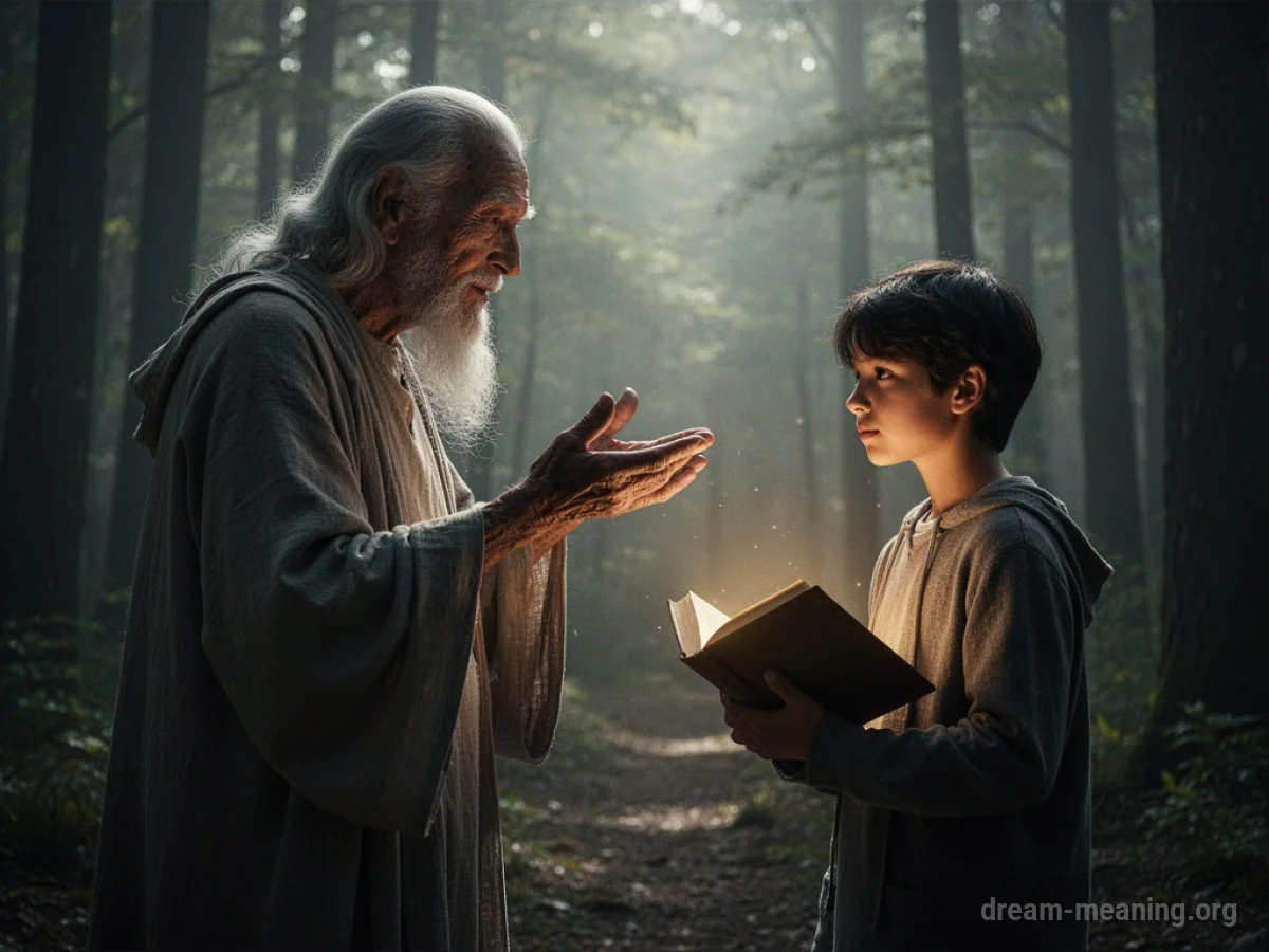 A wise elder figure pointing towards a younger figure with a book.