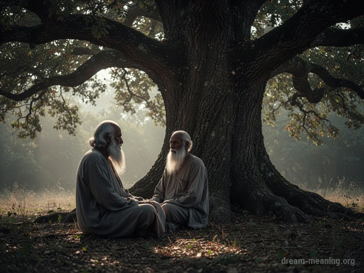Silhouette of an old man with a beard sitting under a tree.