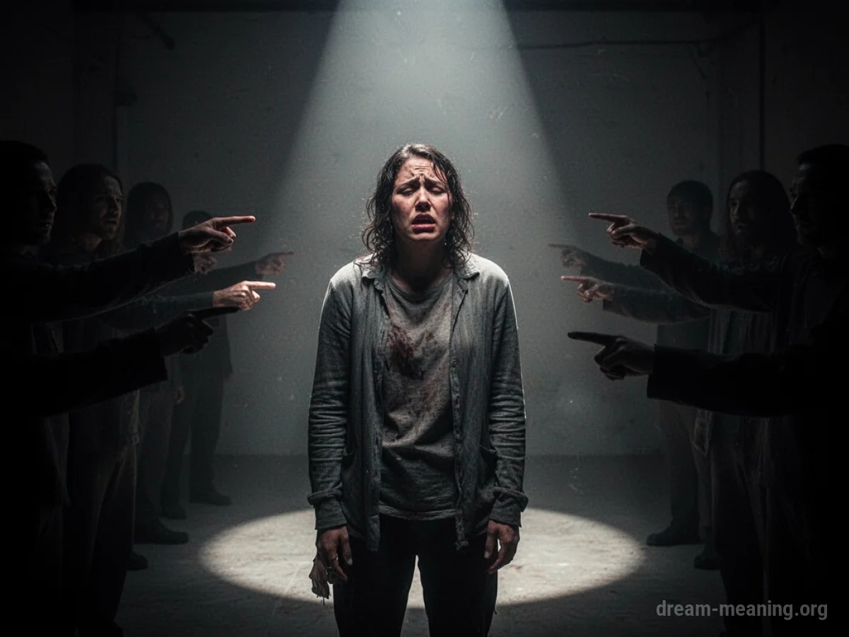 A person under a spotlight being pointed at by shadowy figures.