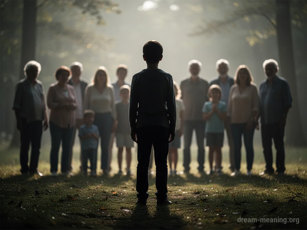 A single person standing separate from a group of indistinct figures.