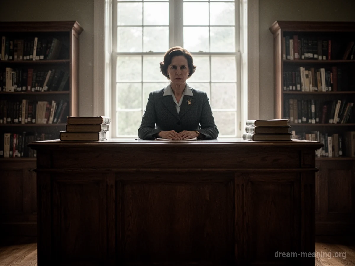 A silhouette of a librarian standing rigidly behind a desk.