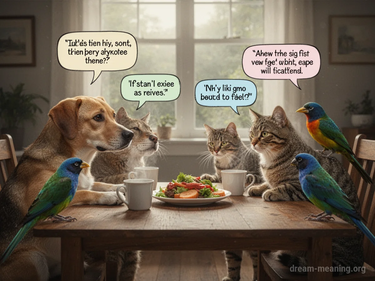 Various animals sitting at a table with speech bubbles above them.