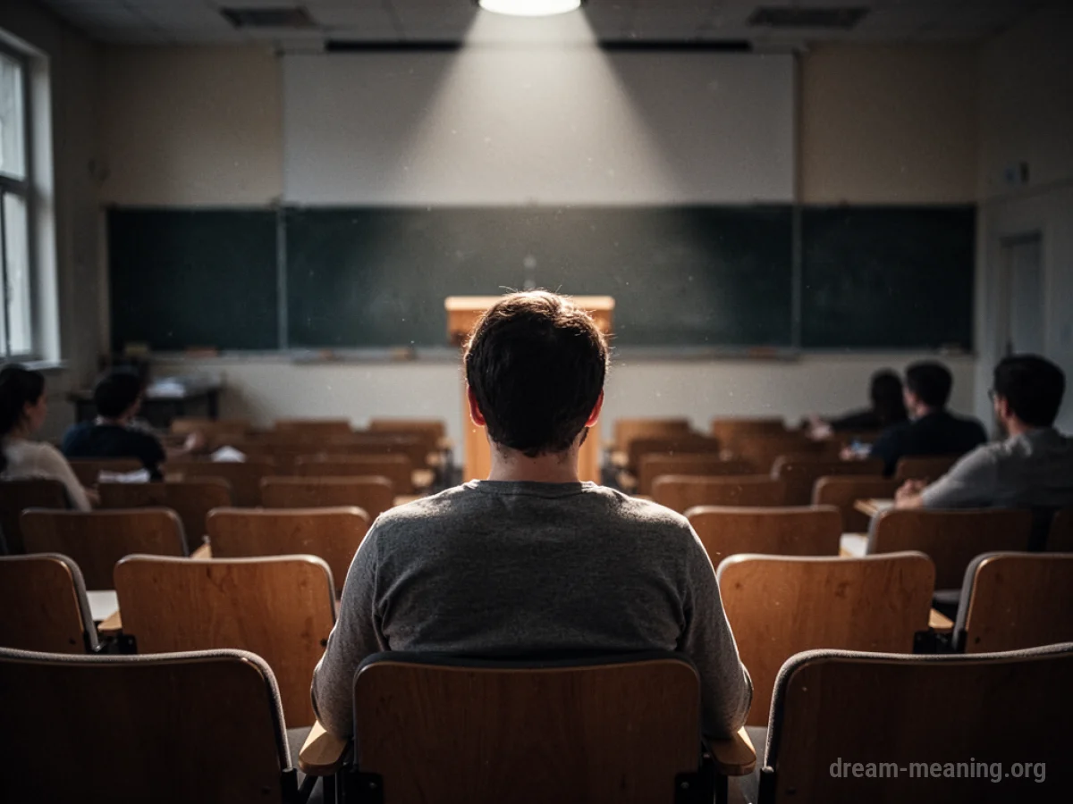 A lone figure in a large, empty lecture hall.
