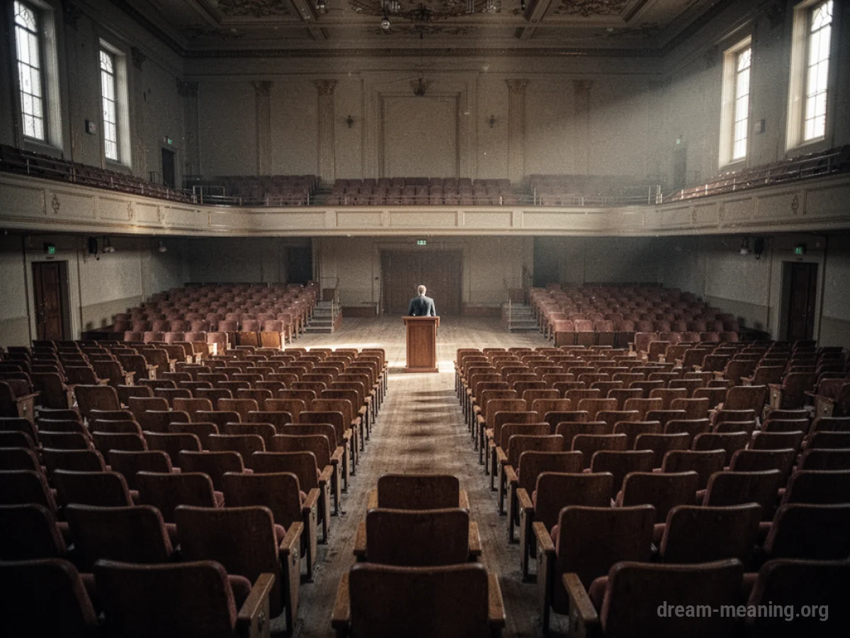 An empty auditorium with a single figure at a podium.