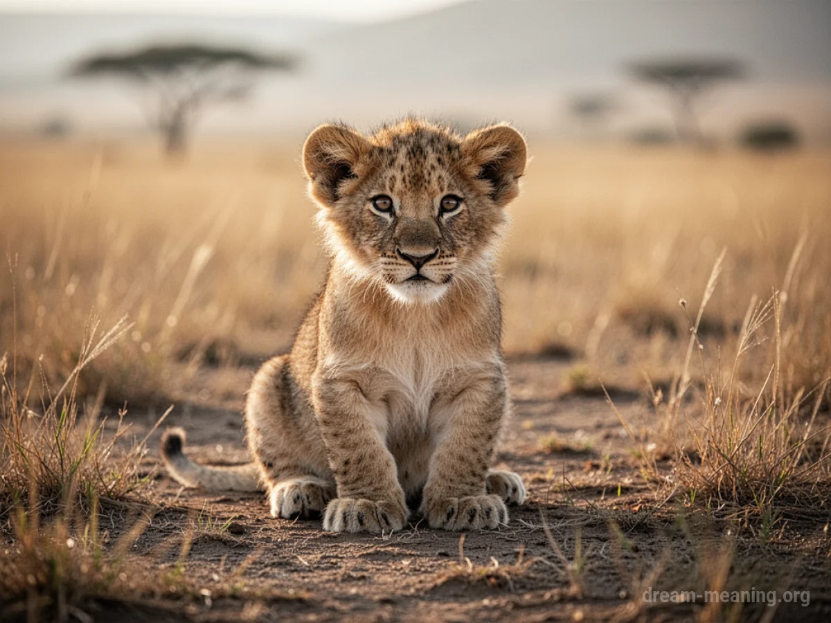 A small lion cub sitting on grass.