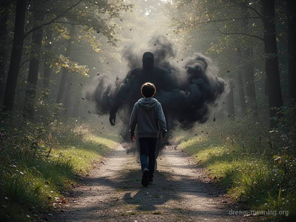 A dark, amorphous shape trailing closely behind a lone figure on a path.
