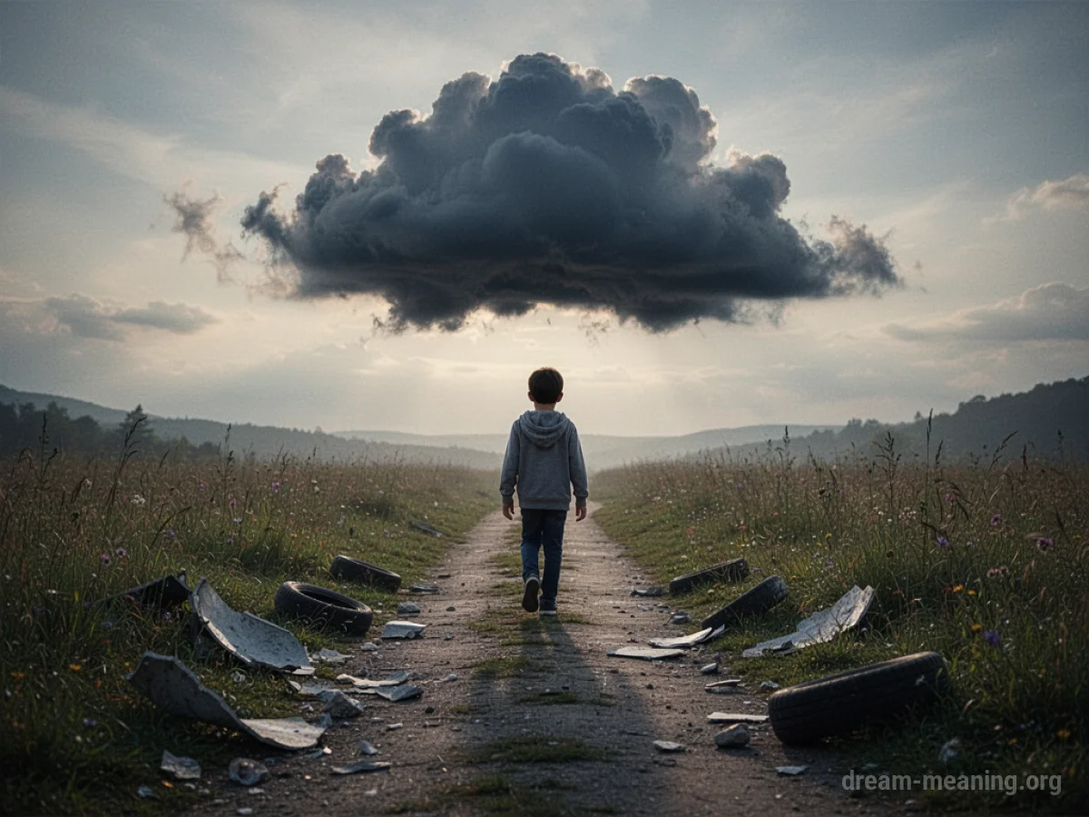 A dark cloud hangs over a person walking on a path with debris.