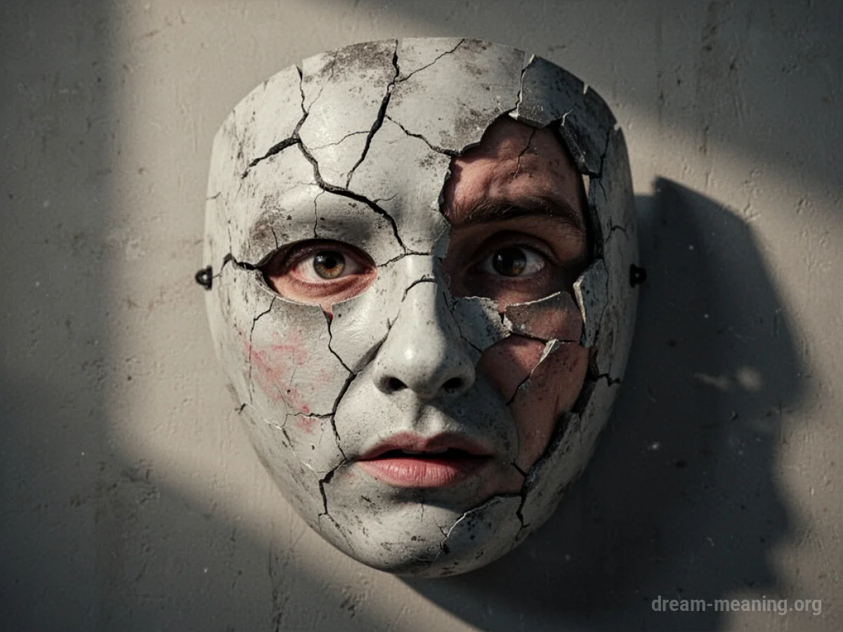 A cracked mask with a shadowy face visible underneath.