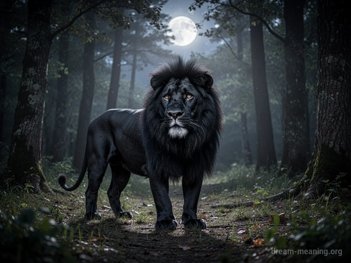 A black lion in a moonlit forest.