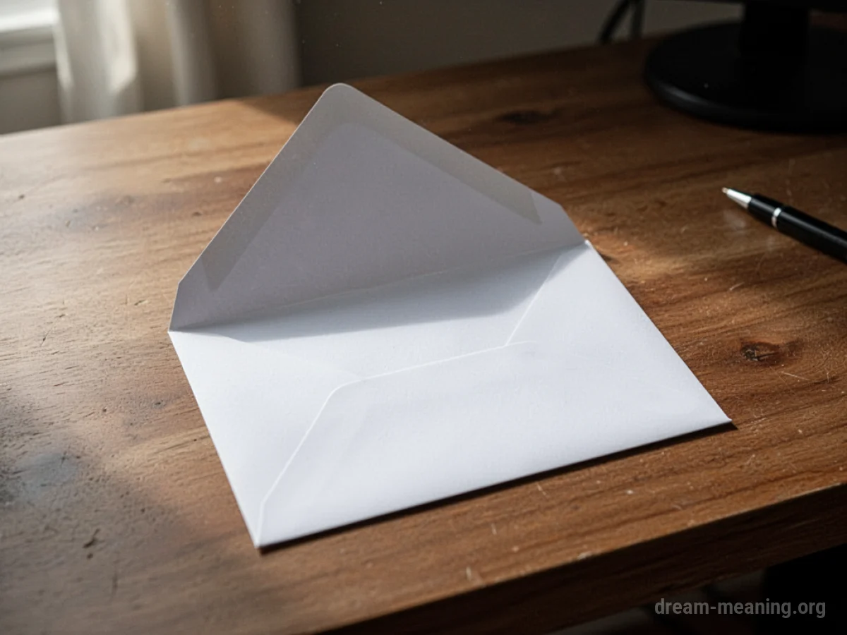 An open white envelope with nothing inside, resting on a wooden desk surface.