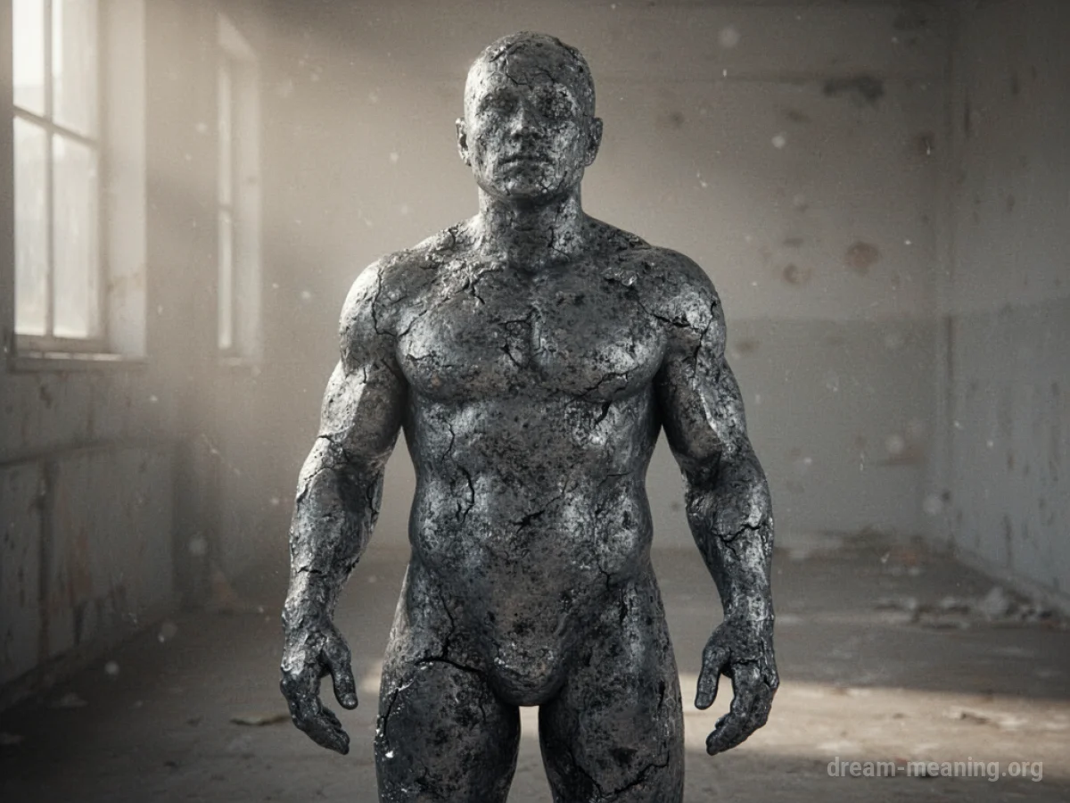A person's body depicted as partially solidifying into heavy, grey lead.