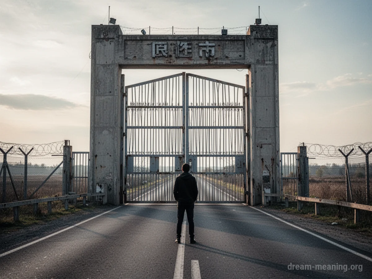 A person standing before a closed border gate.
