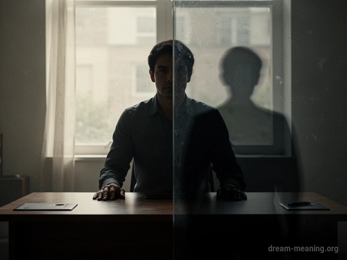 Silhouette of a person behind a desk facing another shadowy figure.