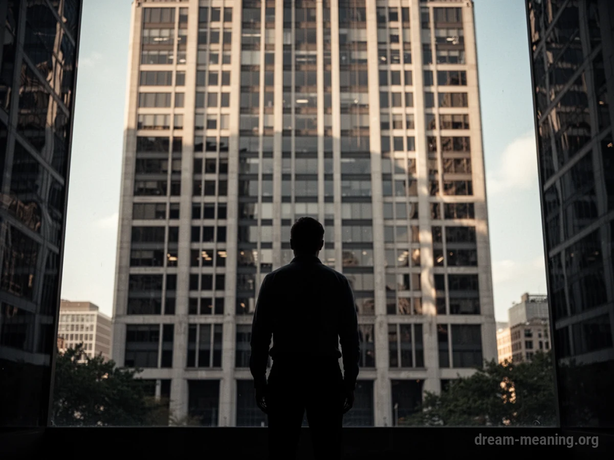 Silhouette of a person facing a large office building with a distorted shadow.