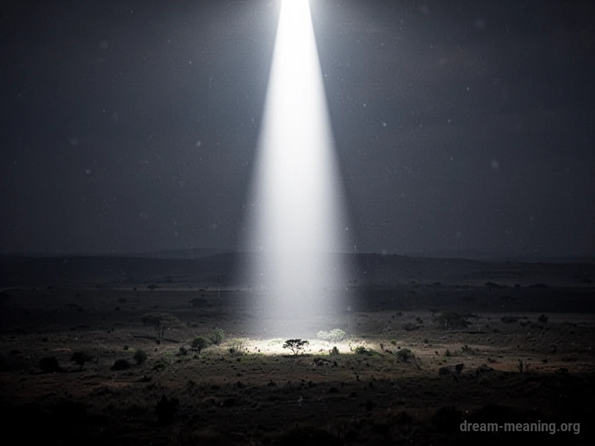 A strong beam of white light illuminates a dark, shadowy area.