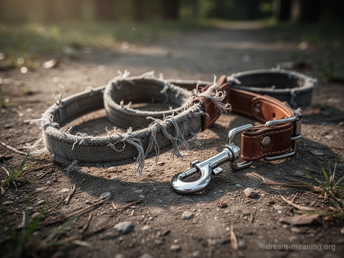 A close-up view of a frayed dog leash on a dirt path.