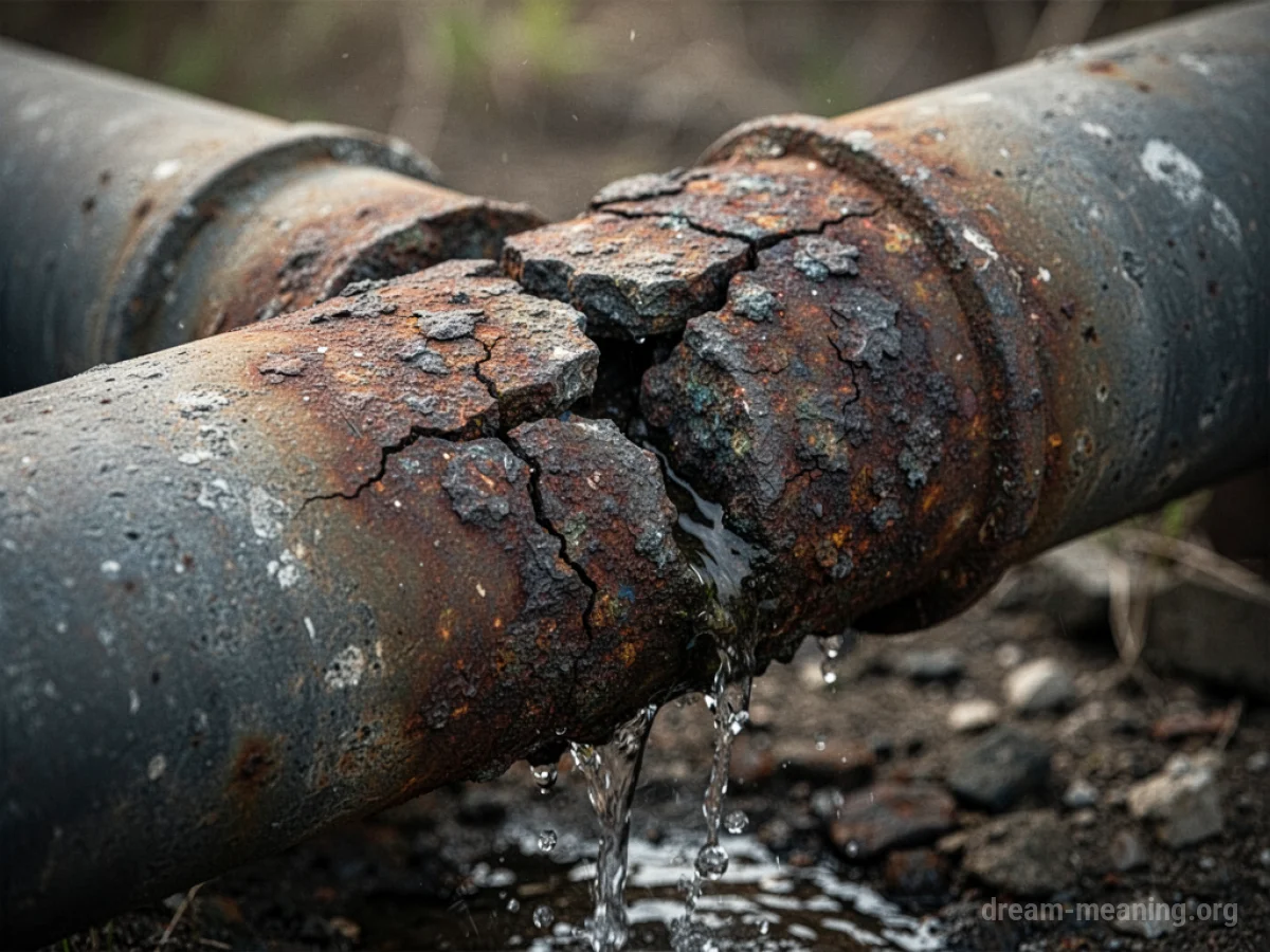 Cracked and corroded lead water pipes with water leaking from the breaks.