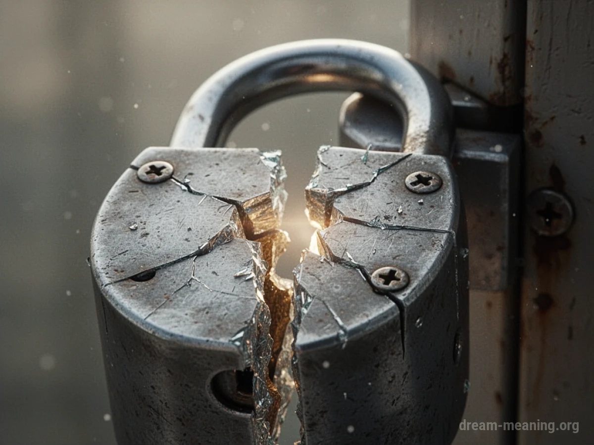 A metal lock fractured into two pieces.