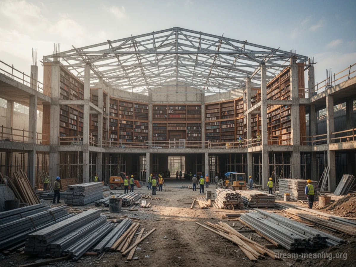 Construction site showing the framework of a large building intended to be a library.