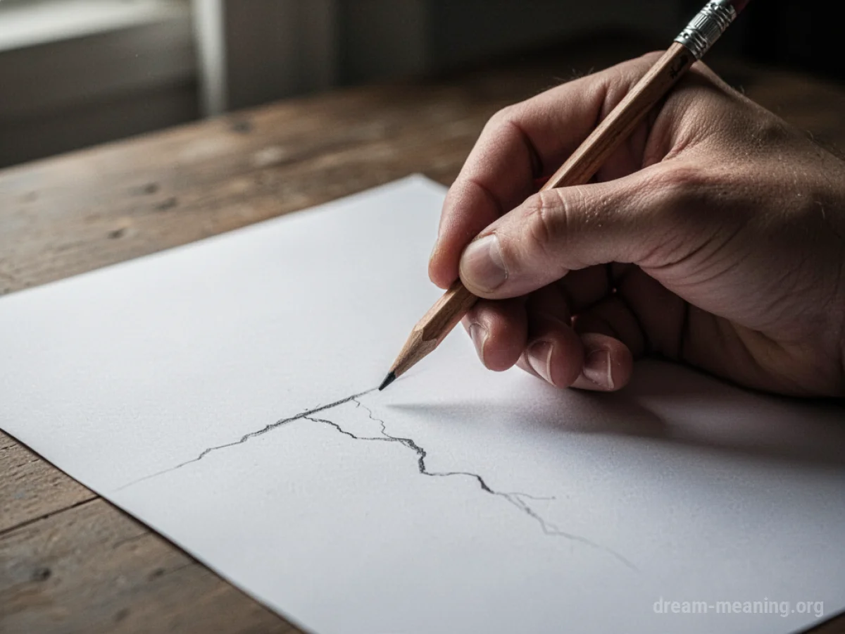 A hand holding a pencil above a blank sheet of paper, with a faint, broken line visible.