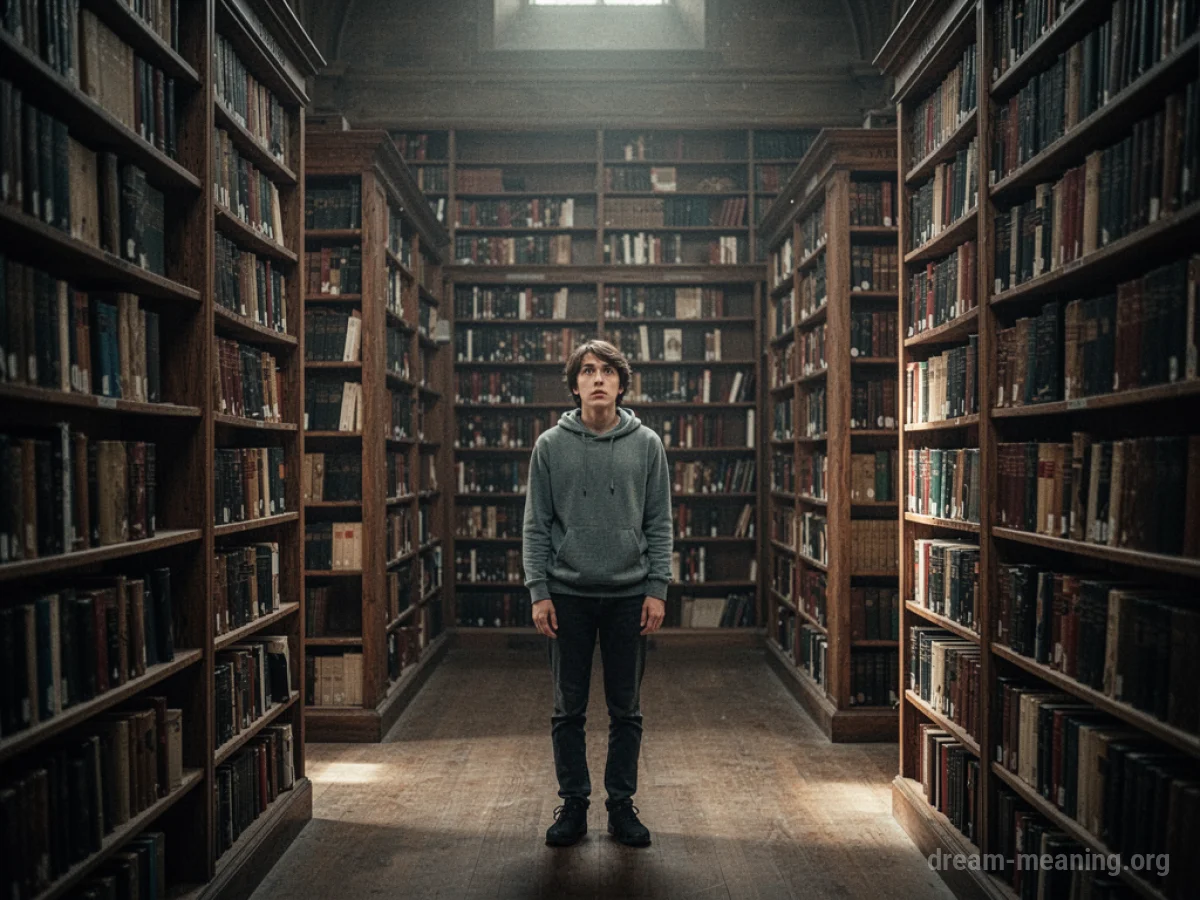 A person stands at a crossroads between tall library shelves.