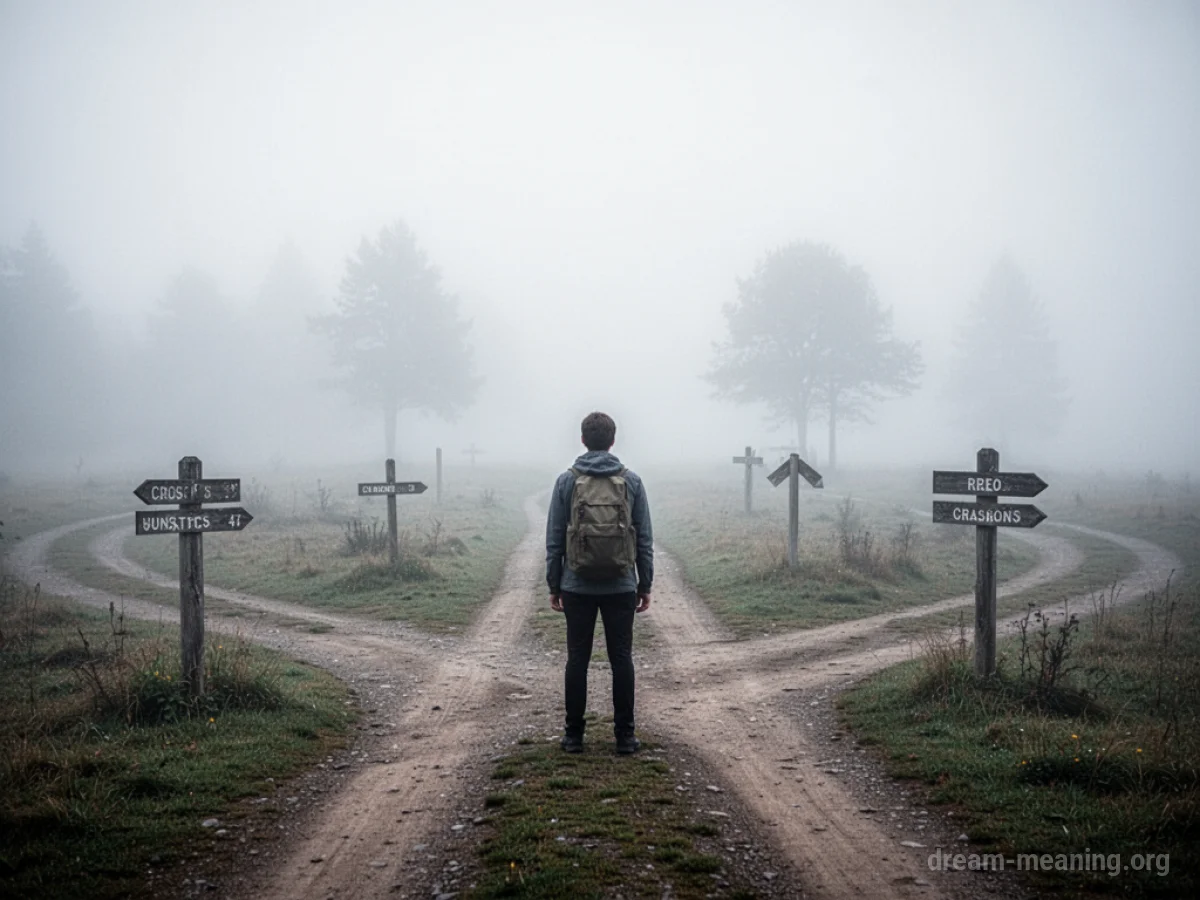 Person at a foggy crossroads with multiple unmarked paths.