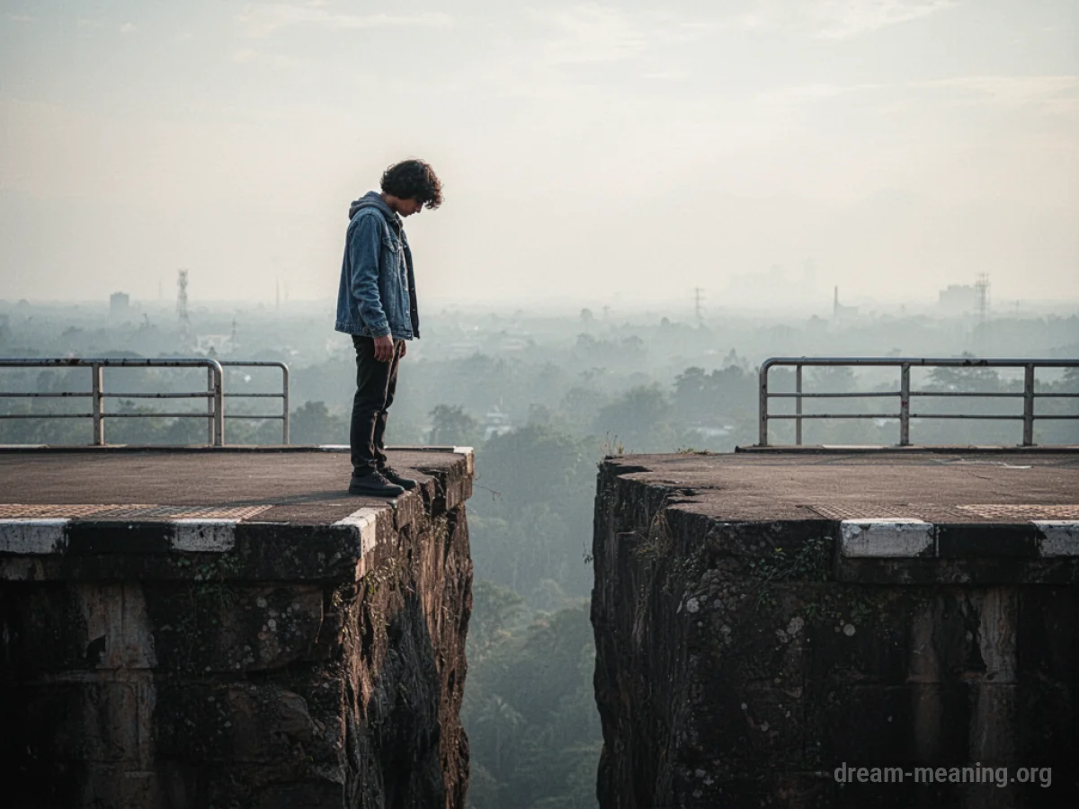 Silhouette of a person on a platform edge facing a wide, empty chasm.